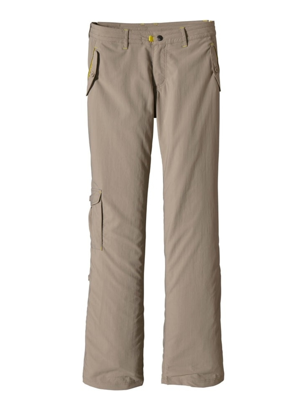 Patagonia Taupe Flare Leg Cargo Pants with Yellow Accents